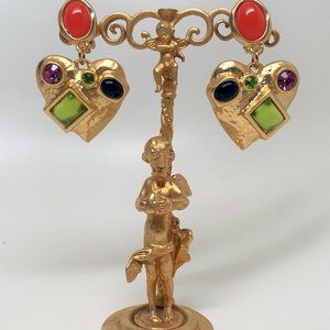 Gorgeous Gold Plated Assorted Cabochons Heart Dangle Clip on Earrings